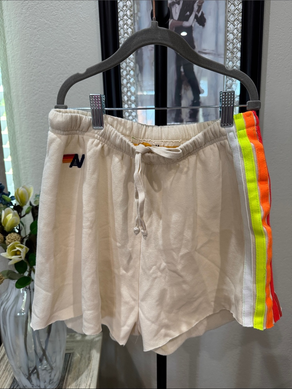Aviator Nation Cream Athletic Shorts with Neon Yellow & Orange Stripes